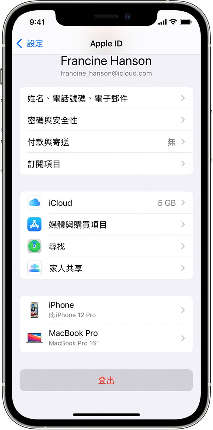 在 iPhone 屏幕的底部有一个红色的「退出登录」按钮。